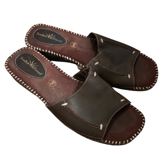 SunBay Brown Leather Footwear Slide Sandals Size 9N Stitched Detail Open Toe - Picture 3 of 7